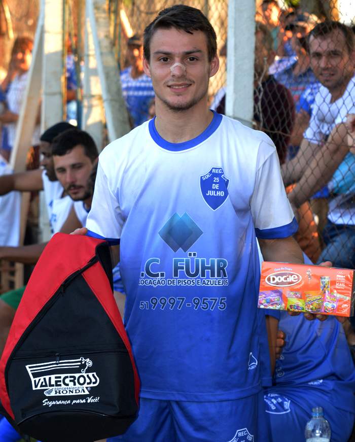 O jogador William Alex Kochenborger, do 25 de Julho, foi escolhido o Craque do Jogo, no duelo contra a equipe do Ouro Verde de Teutônia, no domingo (11), na última rodada da fase classificatória do Regional Certel Sicredi 2016. A “fera” marcou dois tentos. Um deles, um golaço de bicicleta, que rendeu muitos aplausos de todos os torcedores presentes na praça esportiva do 25 de Julho. Pela sua atuação, Kochenborger levou os brindes da Docile e Valecross, na promoção com a revista Encontro com o Esporte e site www.jrgasparotto.com